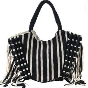 Ladies striped tote with fringe